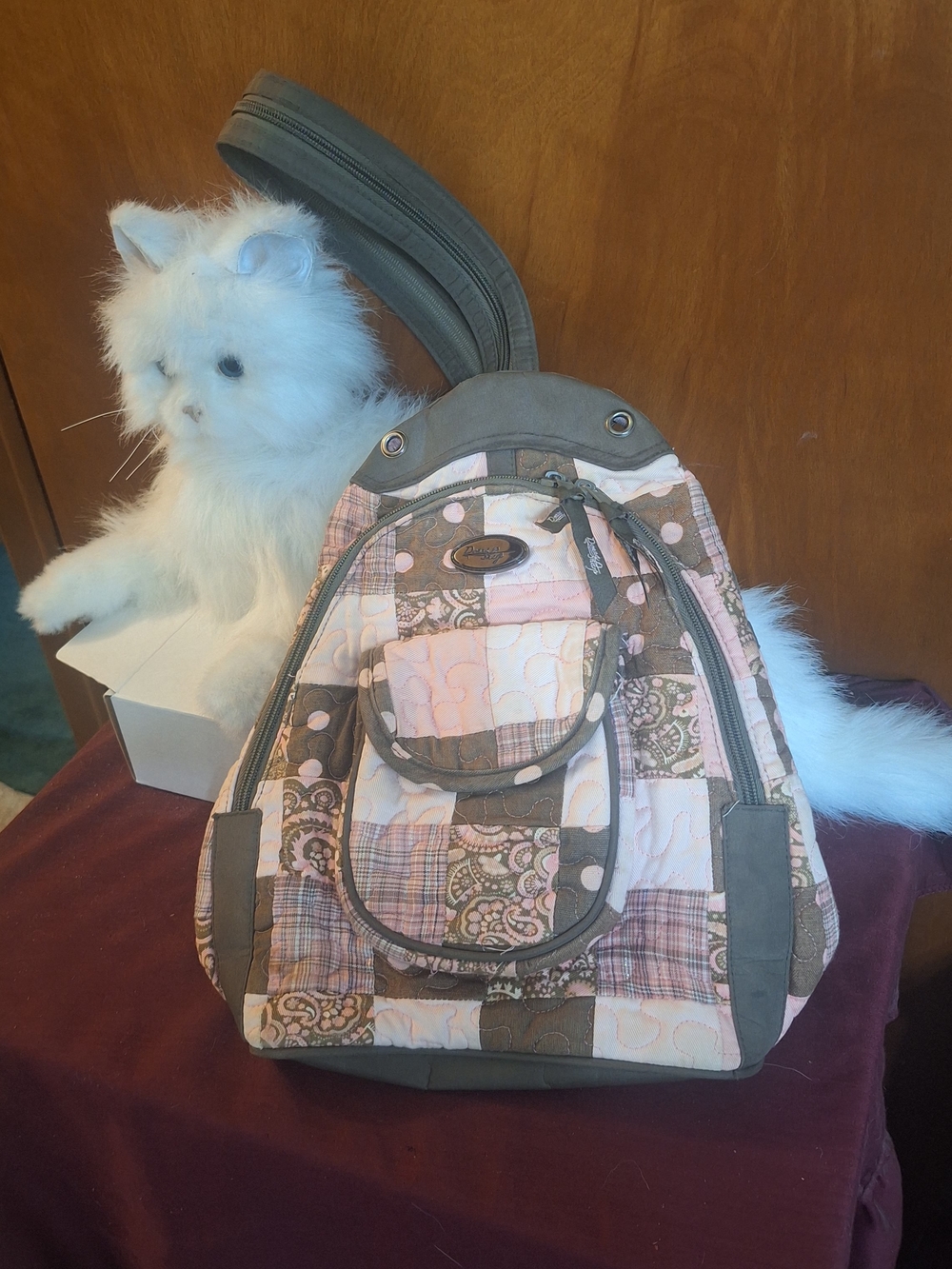 Patchwork Quilted Sling Backpack in Pink & Brown